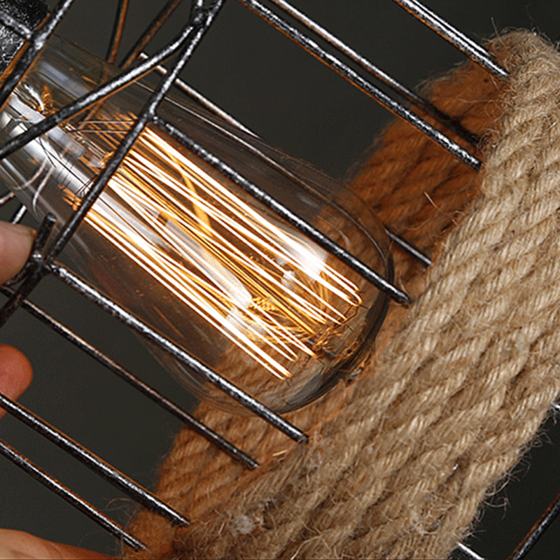 Retro industrial de cáñamo de cáñamo de cáñamo colgante de alambre de hierro tono de jaula 3 luces de techo de madera maciza luz de colgar para bar de restaurantes