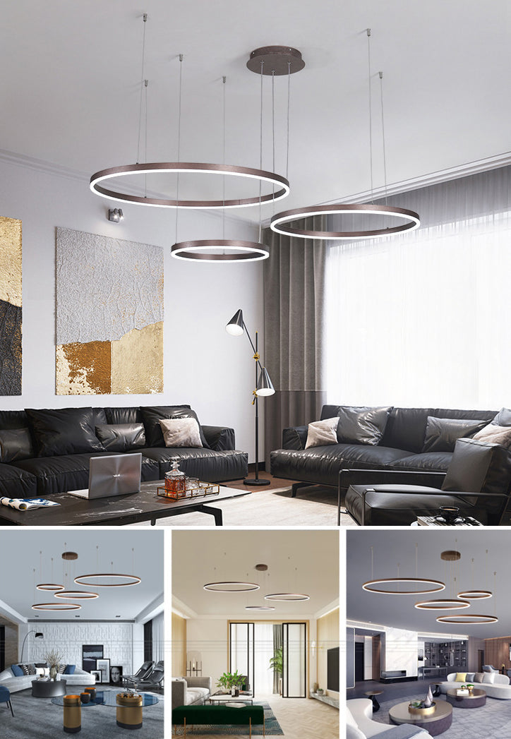 Lampadella a base di anello circolare a LED a più livelli Light con un ciondolo di illuminazione in alluminio spazzolato a tonalità acrilica nel caffè