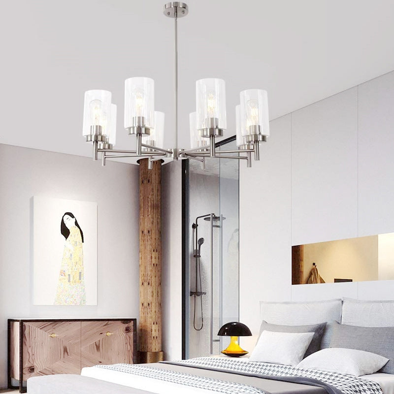 Transparent Glass Cylindrical Shade Chandelier Light Industrial Style Multi Light Ceiling Lighting Fixture for Living Room