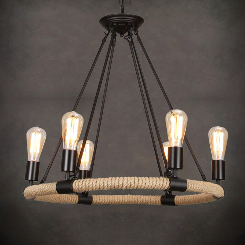 Multi Lights Circle Hemp Rope Chandelier Light Retro Industrial Style Hanging Lighting Fixture for Restaurant Bar