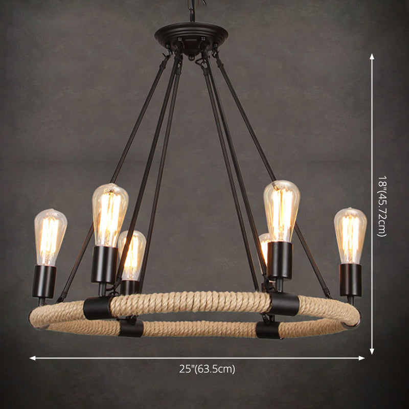 Multi Lights Circle Hemp Rope Chandelier Light Retro Industrial Style Hanging Lighting Fixture for Restaurant Bar