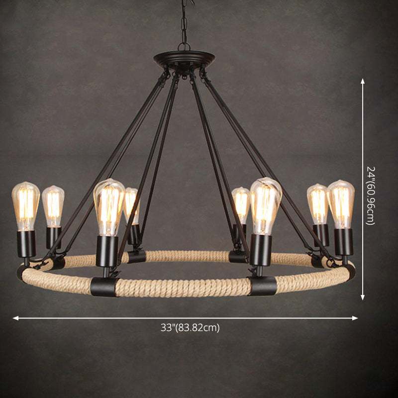 Multi Lights Circle Hemp Rope Chandelier Light Retro Industrial Style Hanging Lighting Fixture for Restaurant Bar