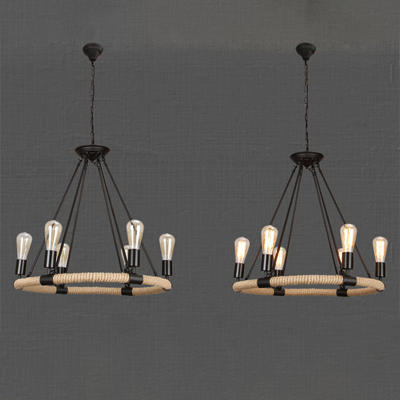 Multi Lights Circle Hemp Rope Chandelier Light Retro Industrial Style Hanging Lighting Fixture for Restaurant Bar