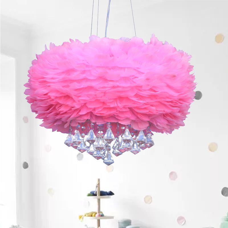 Moderne ronde hanglamp veer 1 bol roze hangend plafondlicht met kristallen druppel