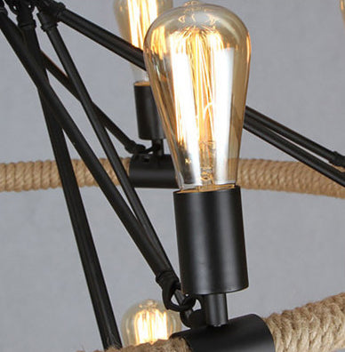 Multi Lights Circle Hemp Rope Chandelier Light Retro Industrial Style Hanging Lighting Fixture for Restaurant Bar