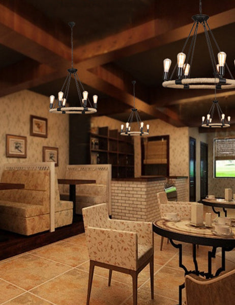 Multi Lights Circle Hemp Rope Chandelier Light Retro Industrial Style Hanging Lighting Fixture for Restaurant Bar