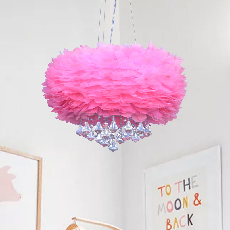 Moderne ronde hanglamp veer 1 bol roze hangend plafondlicht met kristallen druppel