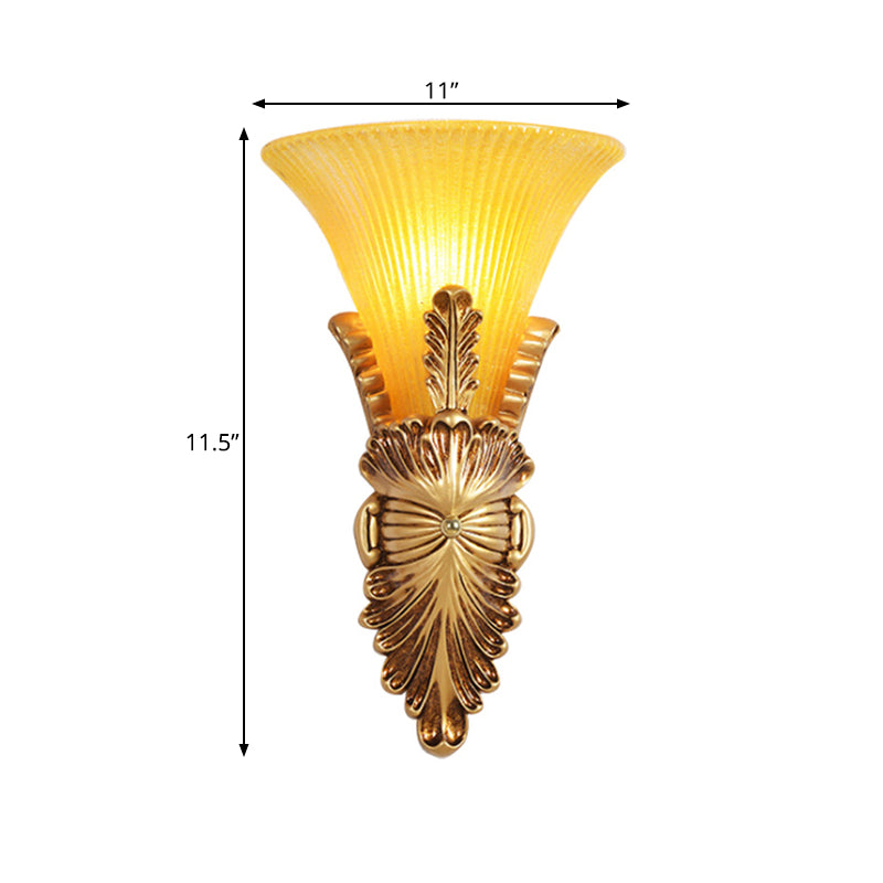 Amber Glass Gold Wall Lighting Flared Single Bulb Colonialism Sconce Light Fixture for Hallway