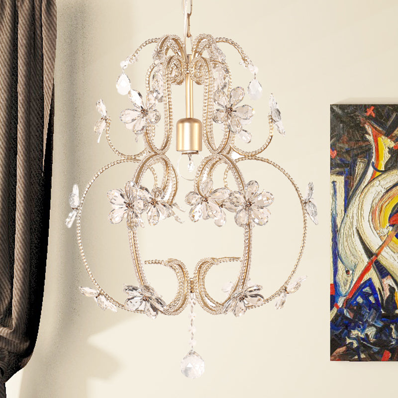 Gourd Cage Chandelier Lighting with Crystal Bead Vintage 1 Light Ceiling Pendant Light in Gold