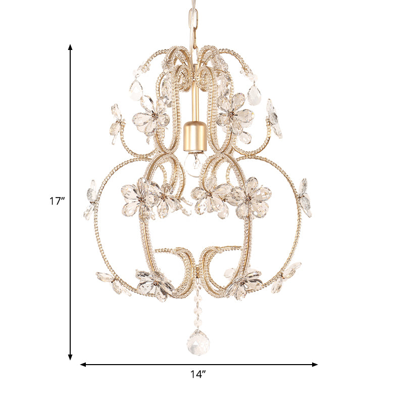 Gourd Cage Chandelier Lighting with Crystal Bead Vintage 1 Light Ceiling Pendant Light in Gold