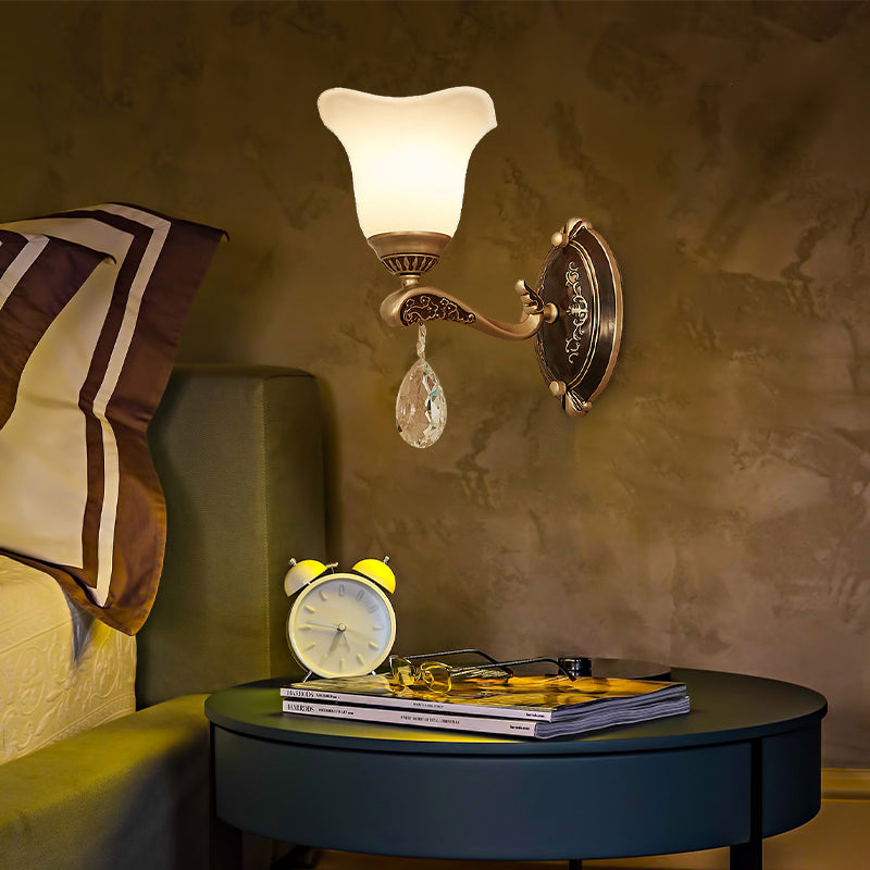 Brass Scalloped Sconce Light Modern Metal 1/2 Lights Indoor Wall Mounted Lamp with Crystal Drop