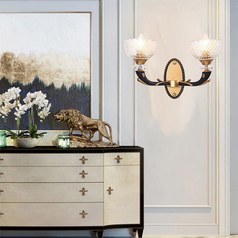 Metal Black Sconce Bowl 1/2 Lights Modern Style Wall Mounted Light with Clear Prismatic Glass Shade