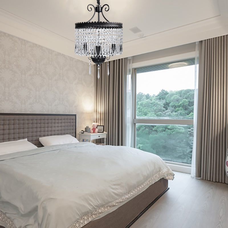 Suspension de brin en cristal clair avec modernisme à tambour modernisme 3 lumières lampe de lustre en noir