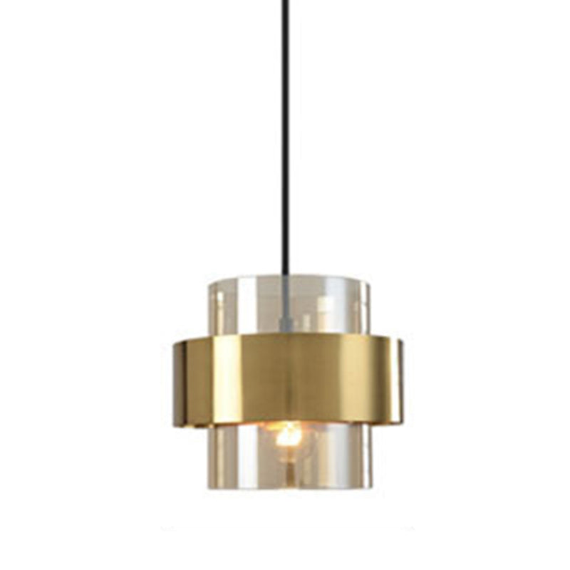 Golden Double Cylindrical Shape Mini Hanging Light Glass Shade Modern Simplicity Bedside Pendant Lamp