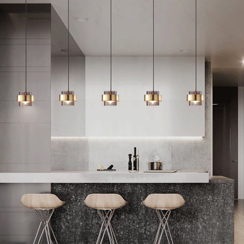 Golden Double Cylindrical Shape Mini Hanging Light Glass Shade Modern Simplicity Bedside Pendant Lamp