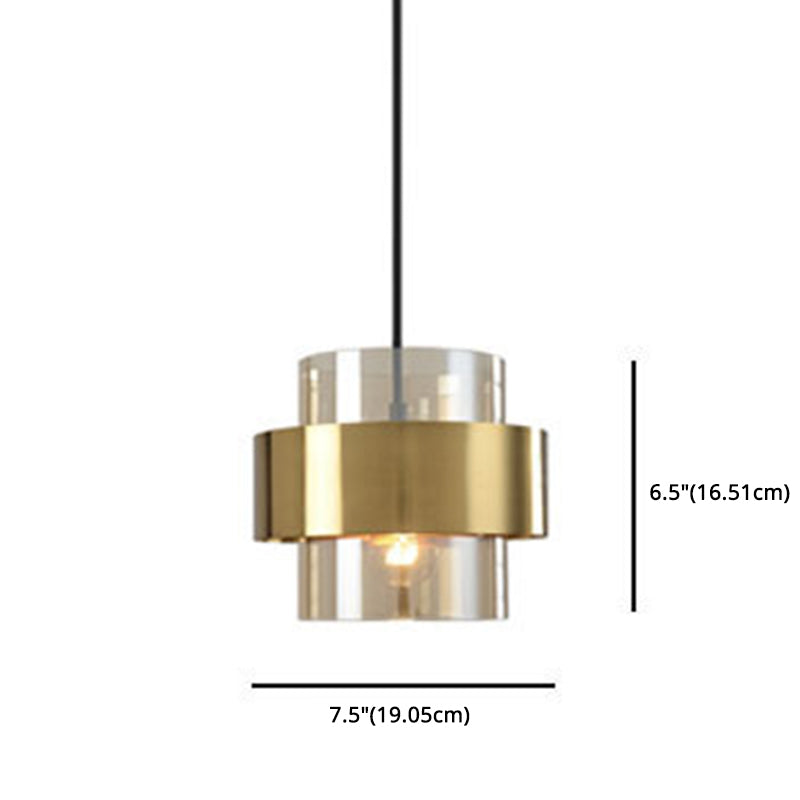 Golden Double Cylindrical Shape Mini Hanging Light Glass Shade Modern Simplicity Bedside Pendant Lamp