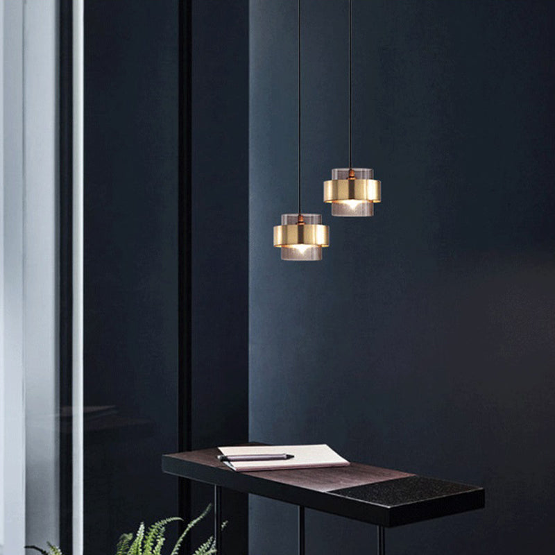 Golden Double Cylindrical Shape Mini Hanging Light Glass Shade Modern Simplicity Bedside Pendant Lamp