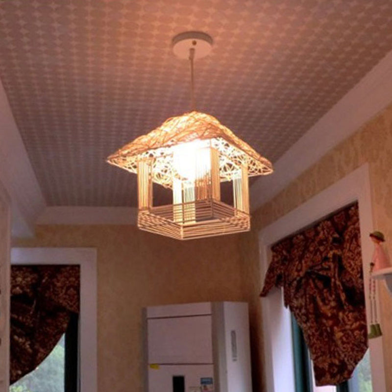 Rattan Weaving House Shaped Pendant Light Single Light Asian Style Bedroom Decorative Hanging Light with 39" Adjustable Cord