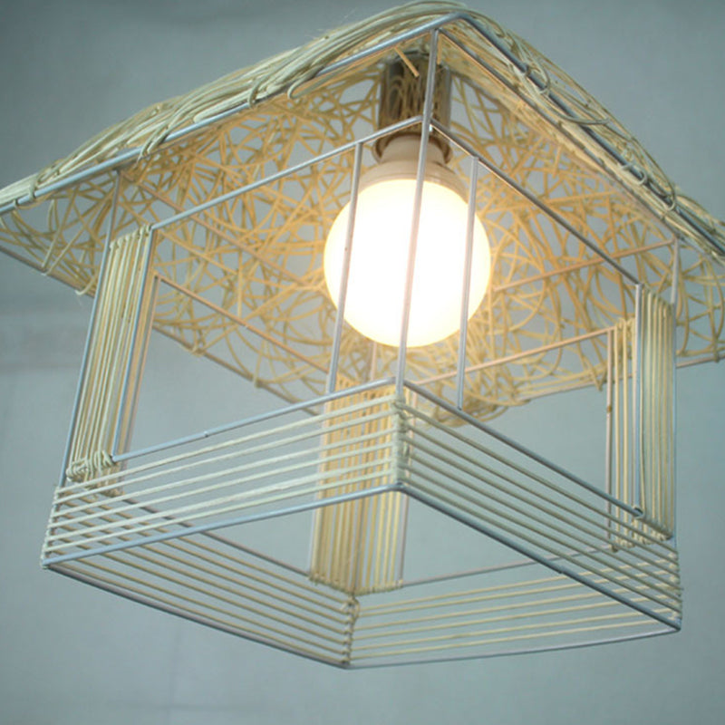 Rattan Weaving House Shaped Pendant Light Single Light Asian Style Bedroom Decorative Hanging Light with 39" Adjustable Cord