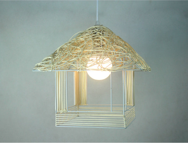 Rattan Weaving House Shaped Pendant Light Single Light Asian Style Bedroom Decorative Hanging Light with 39" Adjustable Cord