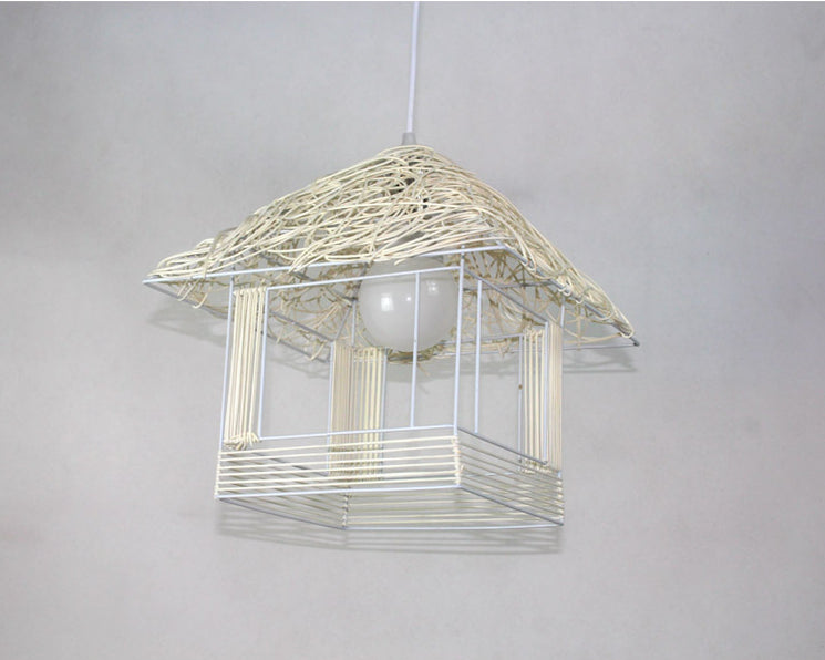 Rattan Weaving House Shaped Pendant Light Single Light Asian Style Bedroom Decorative Hanging Light with 39" Adjustable Cord