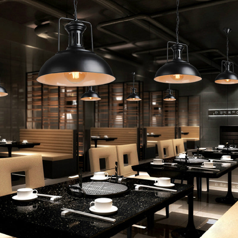 13 Inches Wide Industrial Style Dome Hanging Light Retro Wrought Iron Cafe Shop Lighting Pendants in Black