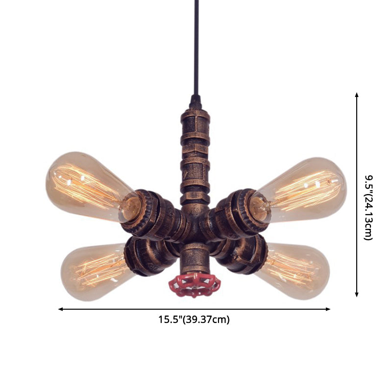 Antique Bronze Water Pipe Hanging Pendant Light Industrial Style Metal 4 Lights Bare Bulb Lighting Fixture for Restaurant Cafe Shop
