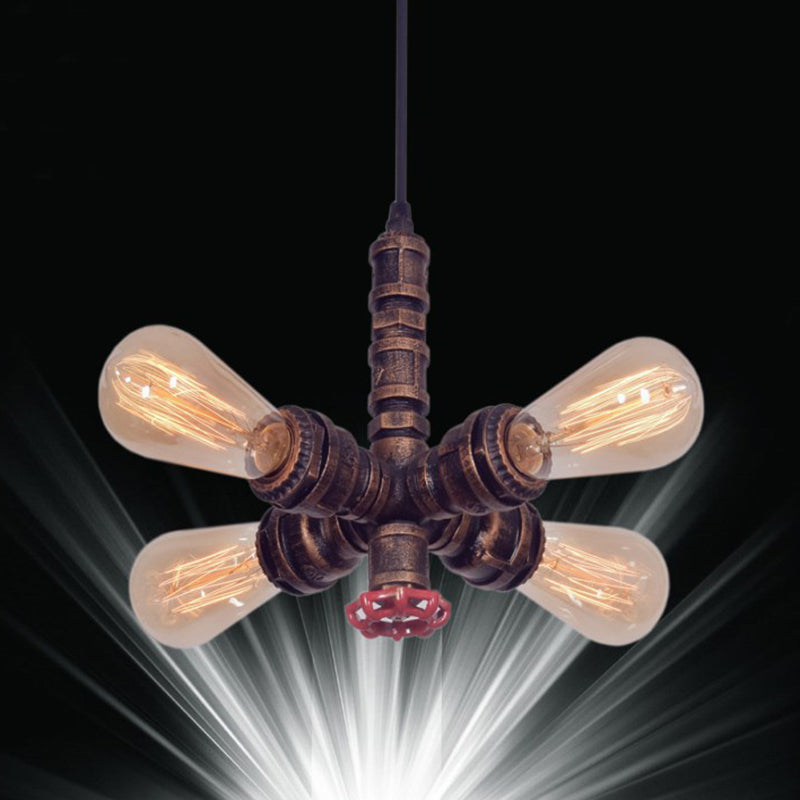 Antique Bronze Water Pipe Hanging Pendant Light Industrial Style Metal 4 Lights Bare Bulb Lighting Fixture for Restaurant Cafe Shop