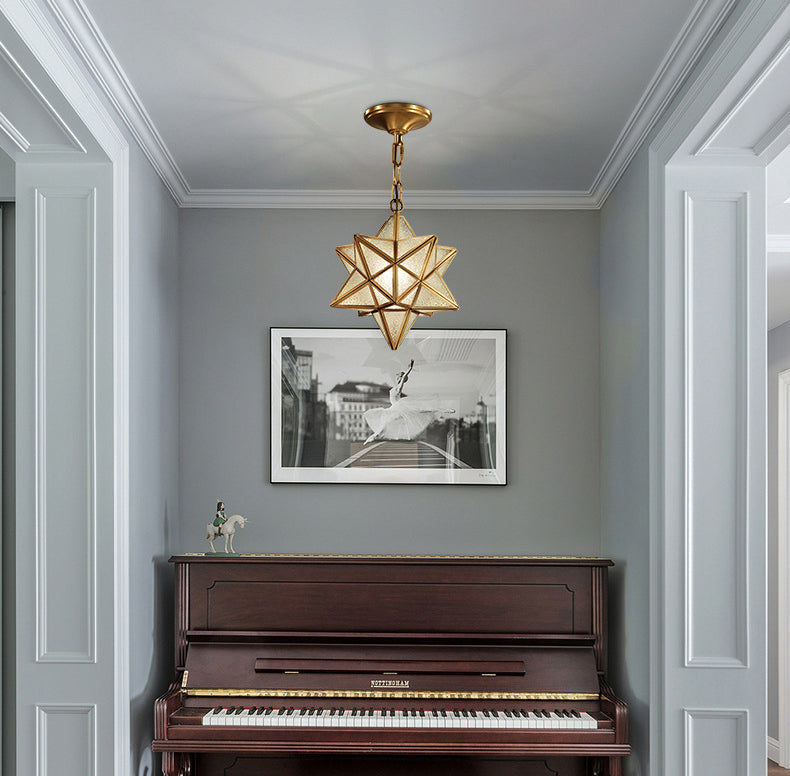 Star Glass Down Lighting Pendant Traditional Brass Hanging Pendant Light for Living Room