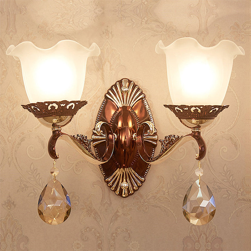 1/2 Lights Scalloped Sconce Modern White Glass Wall Mounted Light Fixture with Crystal Stand