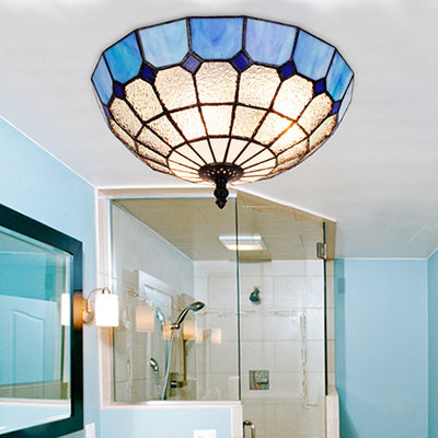 Plafonnier bol en verre teinté Tiffany, 2 lumières, plafonnier en Beige/transparent/bleu pour salle de bain