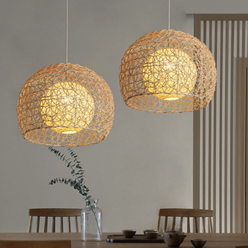1 Light Half-circle Pendant Asia Rattan Ceiling Pendant Light with Hanging Cord for Bedroom