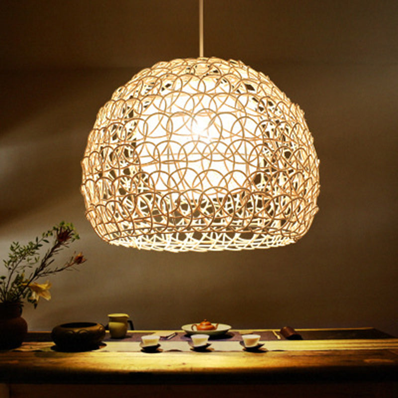 1 Light Half-circle Pendant Asia Rattan Ceiling Pendant Light with Hanging Cord for Bedroom