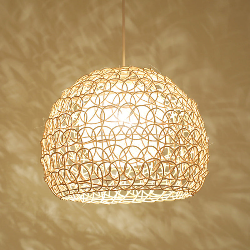1 Light Half-circle Pendant Asia Rattan Ceiling Pendant Light with Hanging Cord for Bedroom