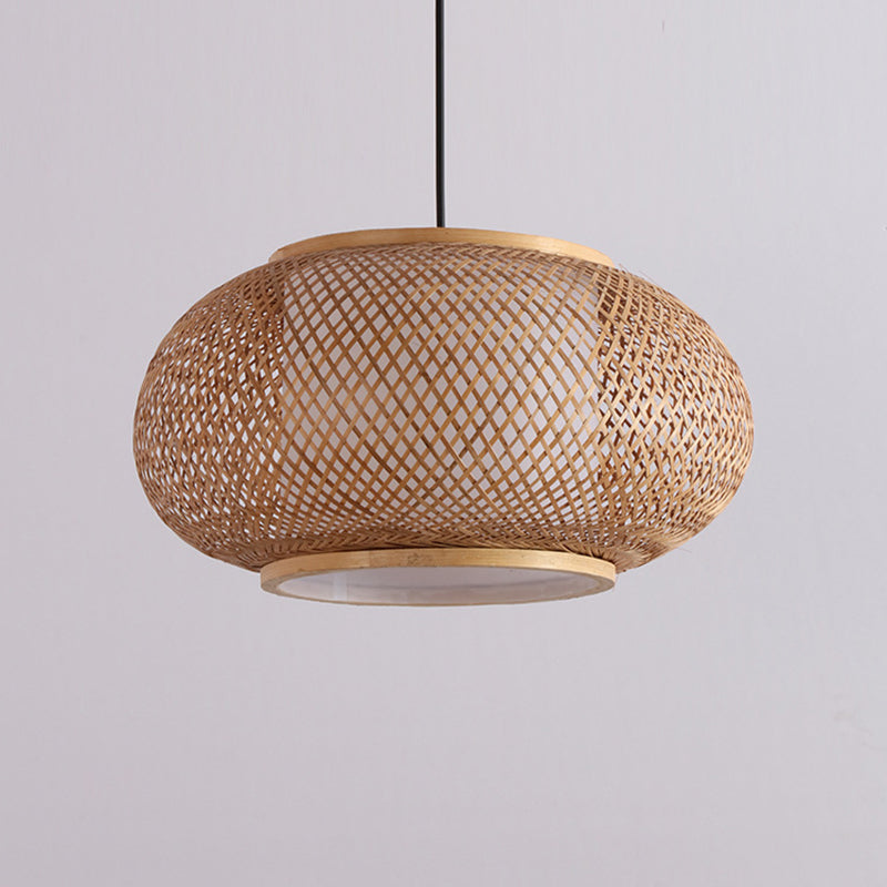 1 Light Rounded Drum Hanging Light Fixture Asia Wicker Ceiling Light with Hanging Cord for Restaurant