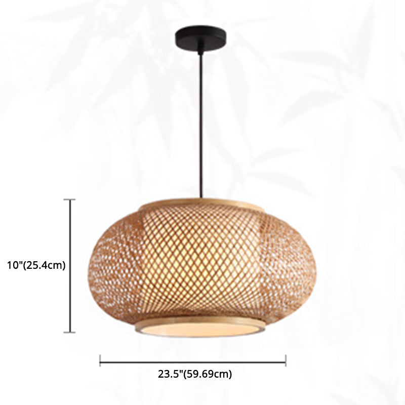1 Light Rounded Drum Hanging Light Fixture Asia Wicker Ceiling Light with Hanging Cord for Restaurant