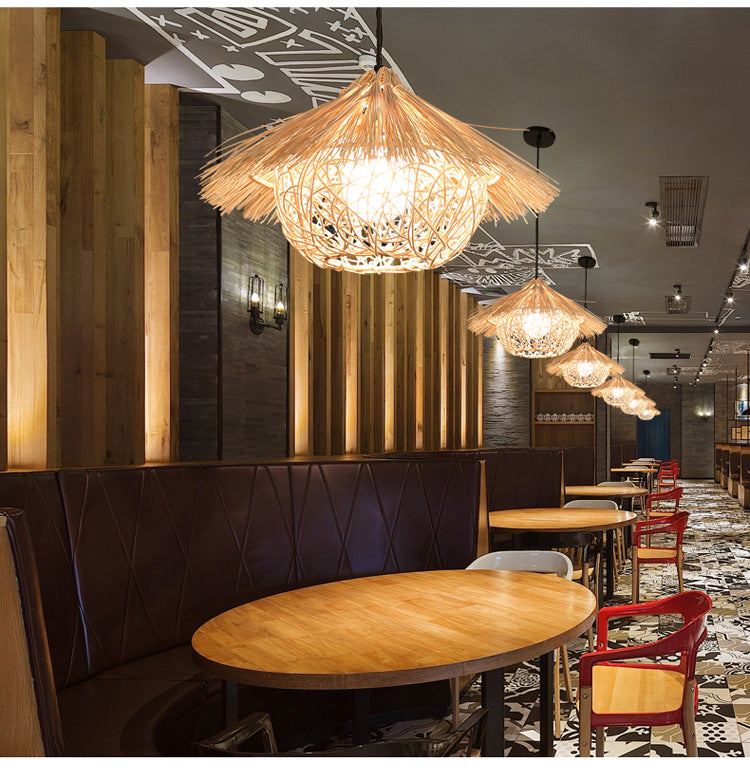 Iluminación Suspendida de Ratán de Granja 1 Bombilla Luz Colgante Asiática para Sala de Té