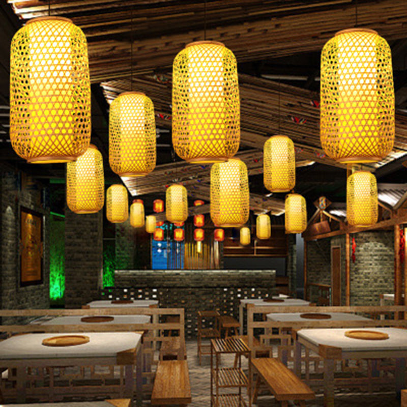 1 Light Lantern Hanging Light Fixtures Japanese Bamboo Ceiling Pendant for Restaurant