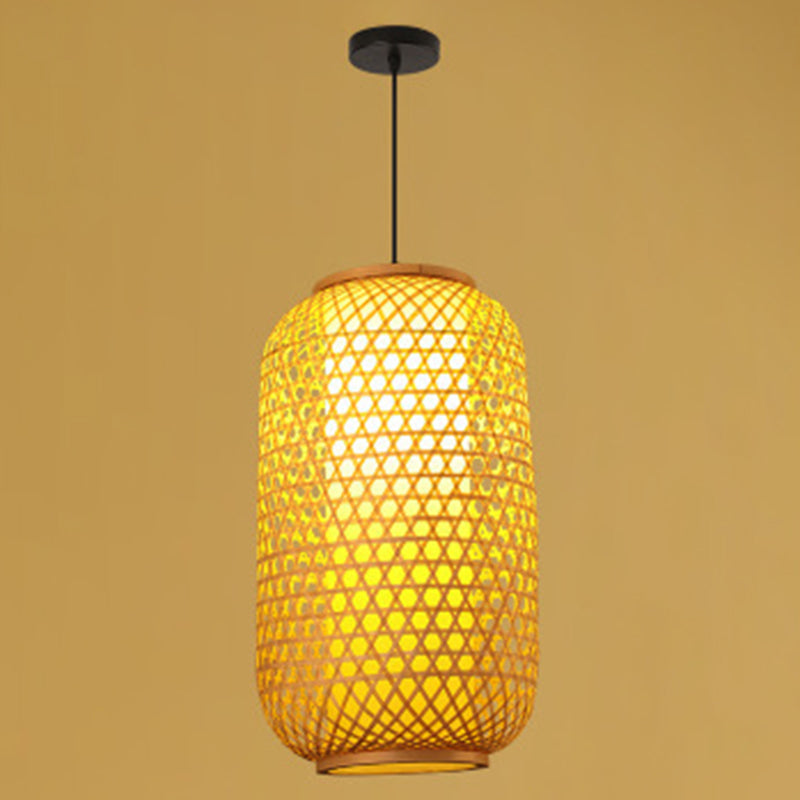 1 Light Lantern Hanging Light Fixtures Japanese Bamboo Ceiling Pendant for Restaurant