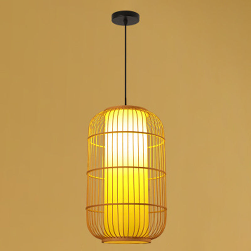 1 Light Lantern Hanging Light Fixtures Japanese Bamboo Ceiling Pendant for Restaurant