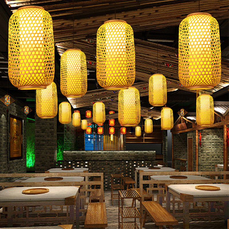 1 Light Lantern Hanging Light Fixtures Japanese Bamboo Ceiling Pendant for Restaurant