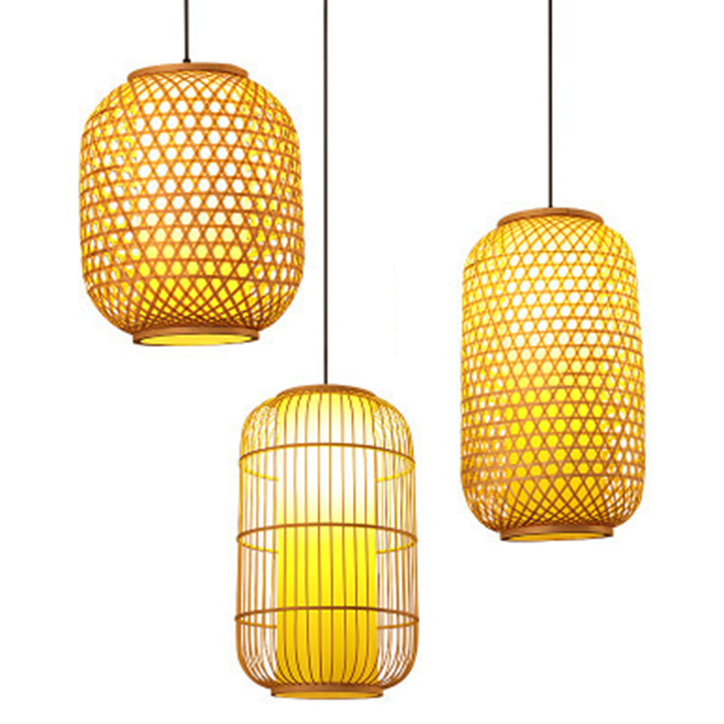 1 Light Lantern Hanging Light Fixtures Japanese Bamboo Ceiling Pendant for Restaurant