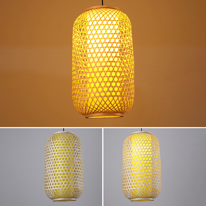 1 Light Lantern Hanging Light Fixtures Japanese Bamboo Ceiling Pendant for Restaurant