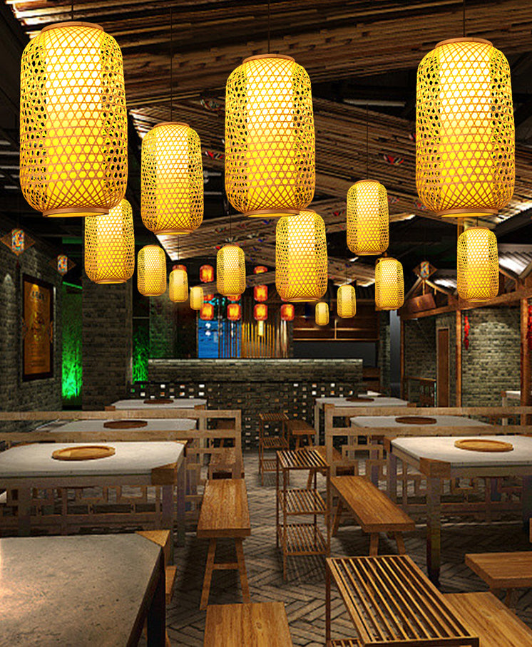1 Light Lantern Hanging Light Fixtures Japanese Bamboo Ceiling Pendant for Restaurant