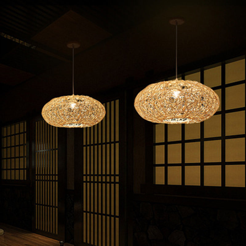 1 Light Rounded Drum Hanging Ceiling Lights Chinese Rattan Suspension Pendant Light for Restaurant