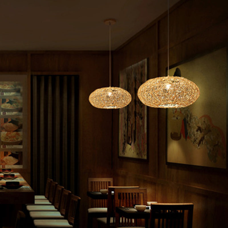 1 Light Rounded Drum Hanging Ceiling Lights Chinese Rattan Suspension Pendant Light for Restaurant