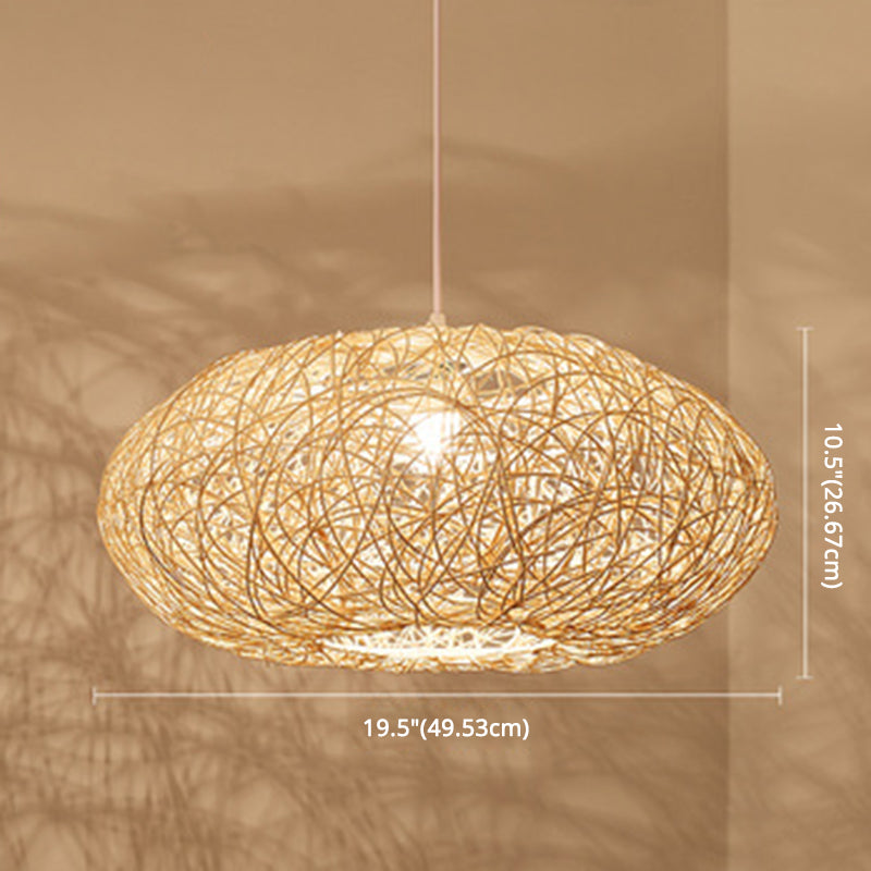 1 Light Rounded Drum Hanging Ceiling Lights Chinese Rattan Suspension Pendant Light for Restaurant