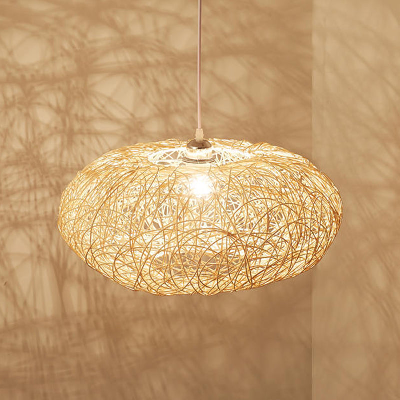 1 Light Rounded Drum Hanging Ceiling Lights Chinese Rattan Suspension Pendant Light for Restaurant