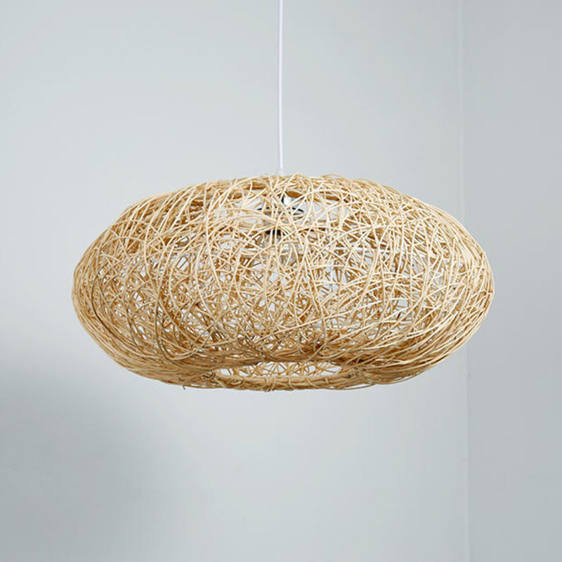 1 Light Rounded Drum Hanging Ceiling Lights Chinese Rattan Suspension Pendant Light for Restaurant