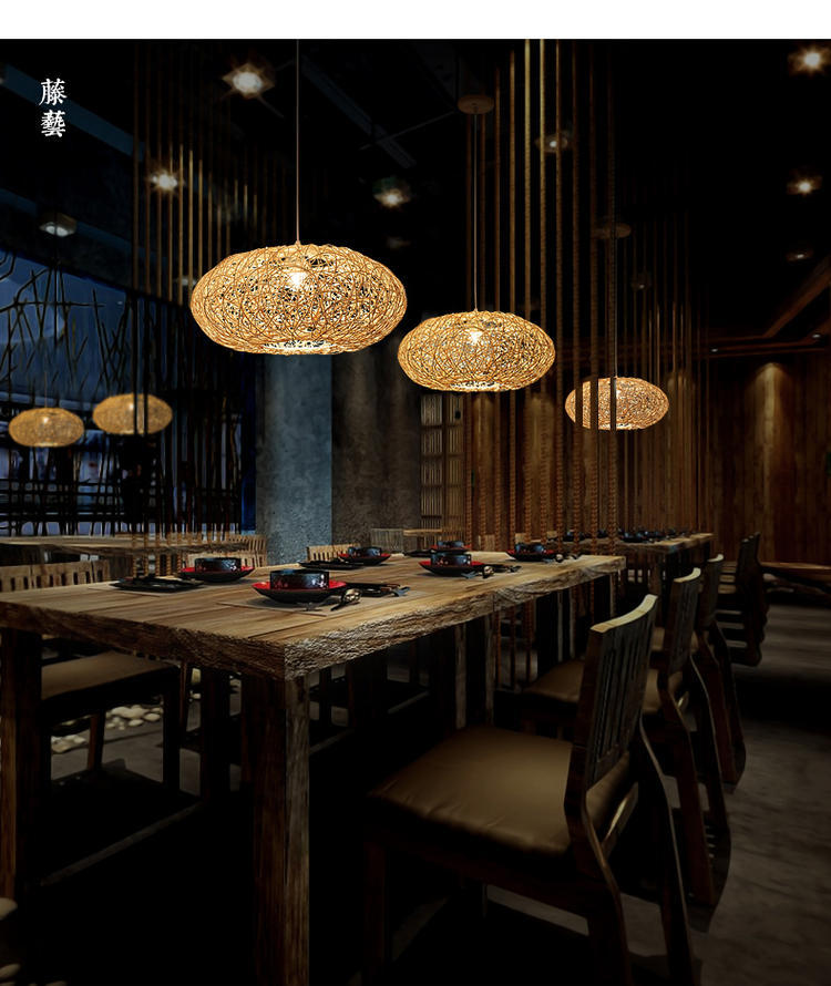 1 Light Rounded Drum Hanging Ceiling Lights Chinese Rattan Suspension Pendant Light for Restaurant